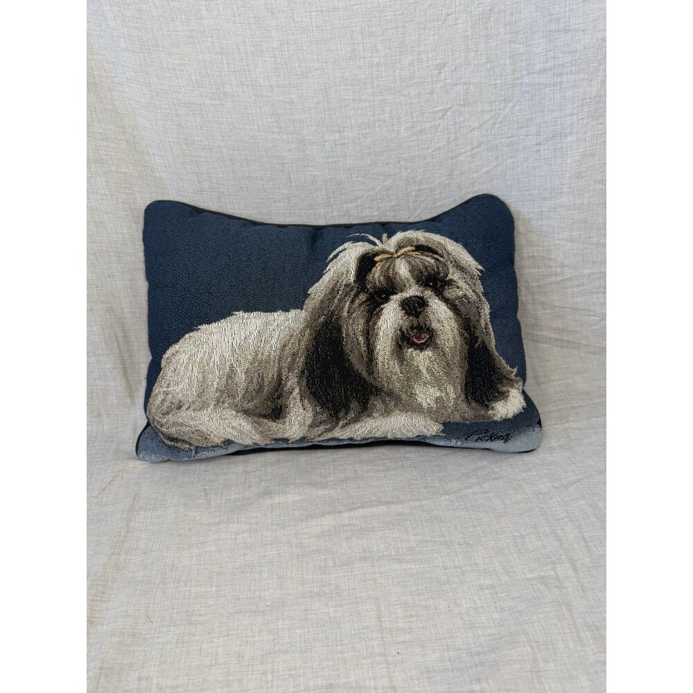 VTG PICKEN Shih Tzu Dog Jacquard Cotton Woven Tapestry Throw Pillow 11x16” Blue